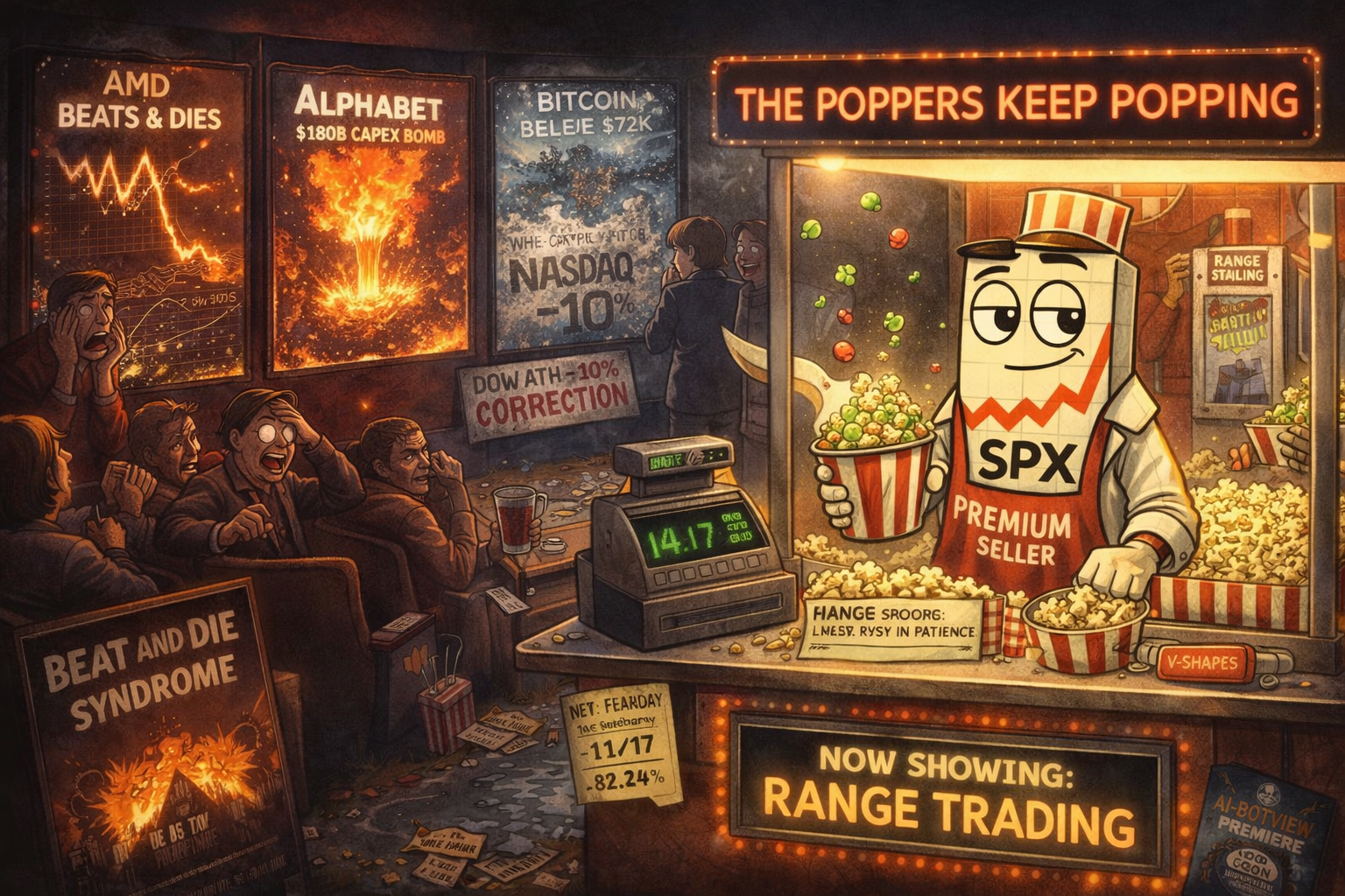 Mr SPX as popcorn vendor producing 7 green Premium Poppers while market disaster movies play on screens behind him