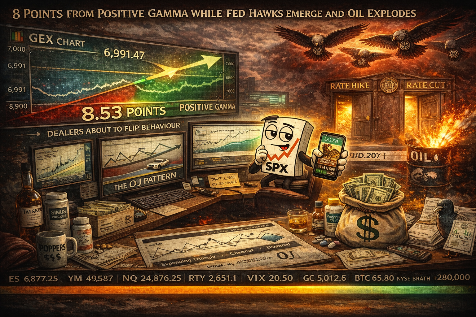 Mr SPX watches gamma flip convergence narrow to 8 points while Fed hawks circle and RUT OJ Pattern continues slow-motion pursuit across five pattern mutations