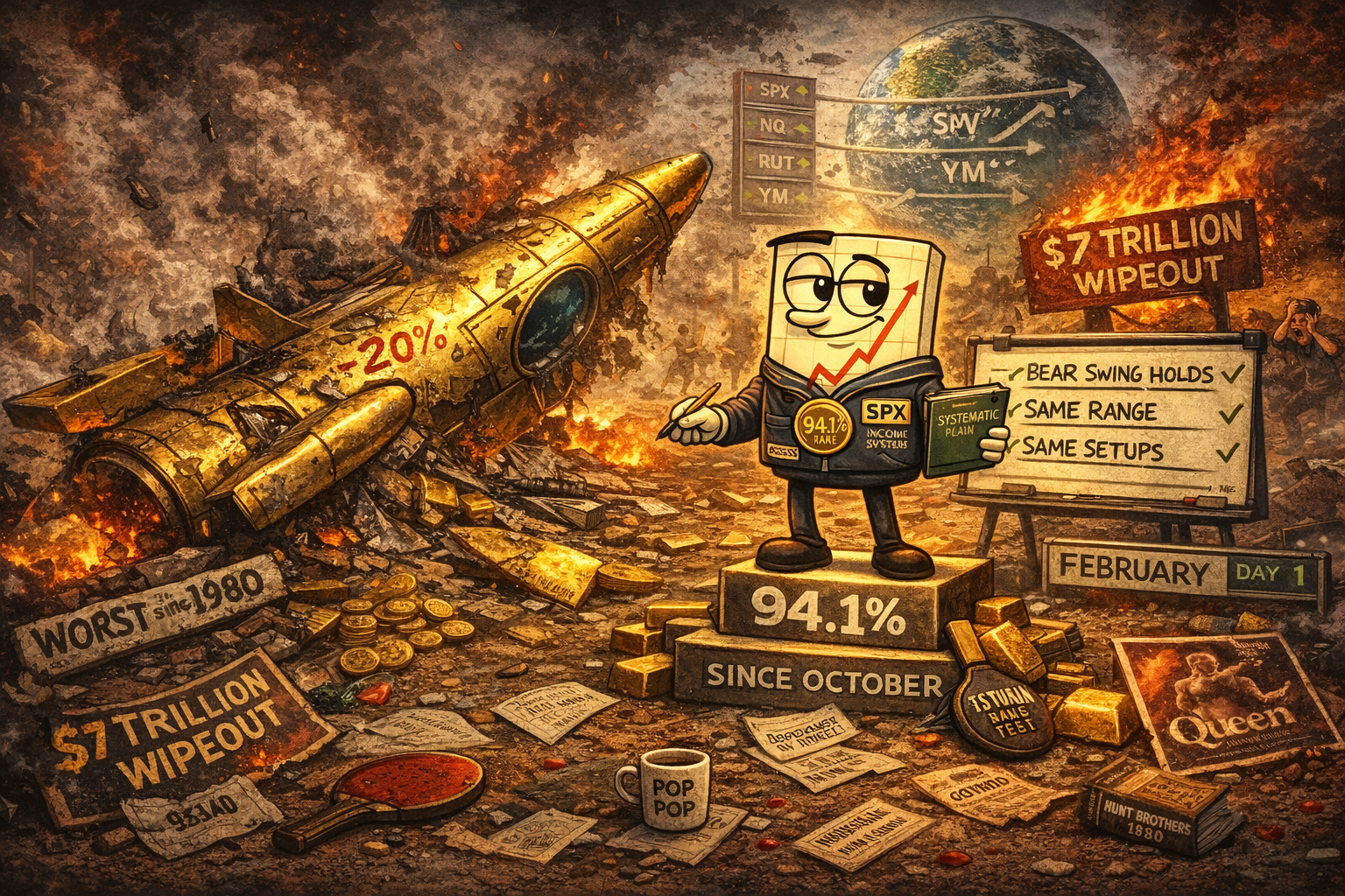 Gold rocket ship crash-landed with Mr SPX calmly standing beside wreckage, holding systematic trading plan, unfazed by $7 trillion precious metals wipeout