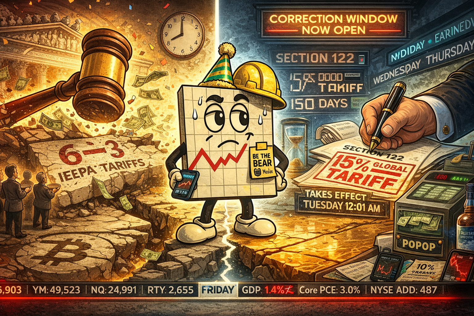 Mr SPX caught between Friday’s Supreme Court rally and Saturday’s tariff replacement as correction window opens.