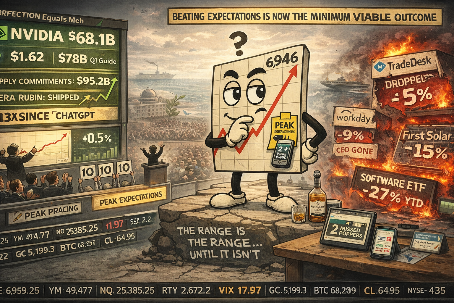 Mr SPX stands near range highs with VIX at channel lows and MACD-v overextended as Nvidia’s $68B earnings move the stock only half a percent while software stocks collapse.