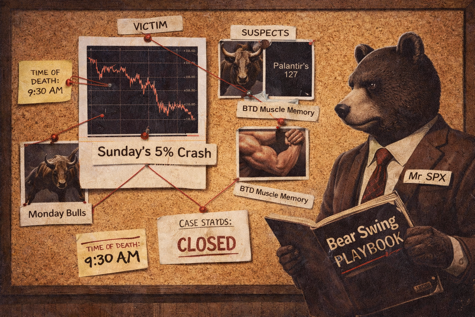 Murder mystery board. Victim: "Sunday's 5% Crash." Suspects: "Monday Bulls" "Palantir's 127" "BTD Muscle Memory." Time of death: 9:30 AM. Case status: CLOSED. Detective Mr SPX still holding bear swing playbook because the range hasn't changed.