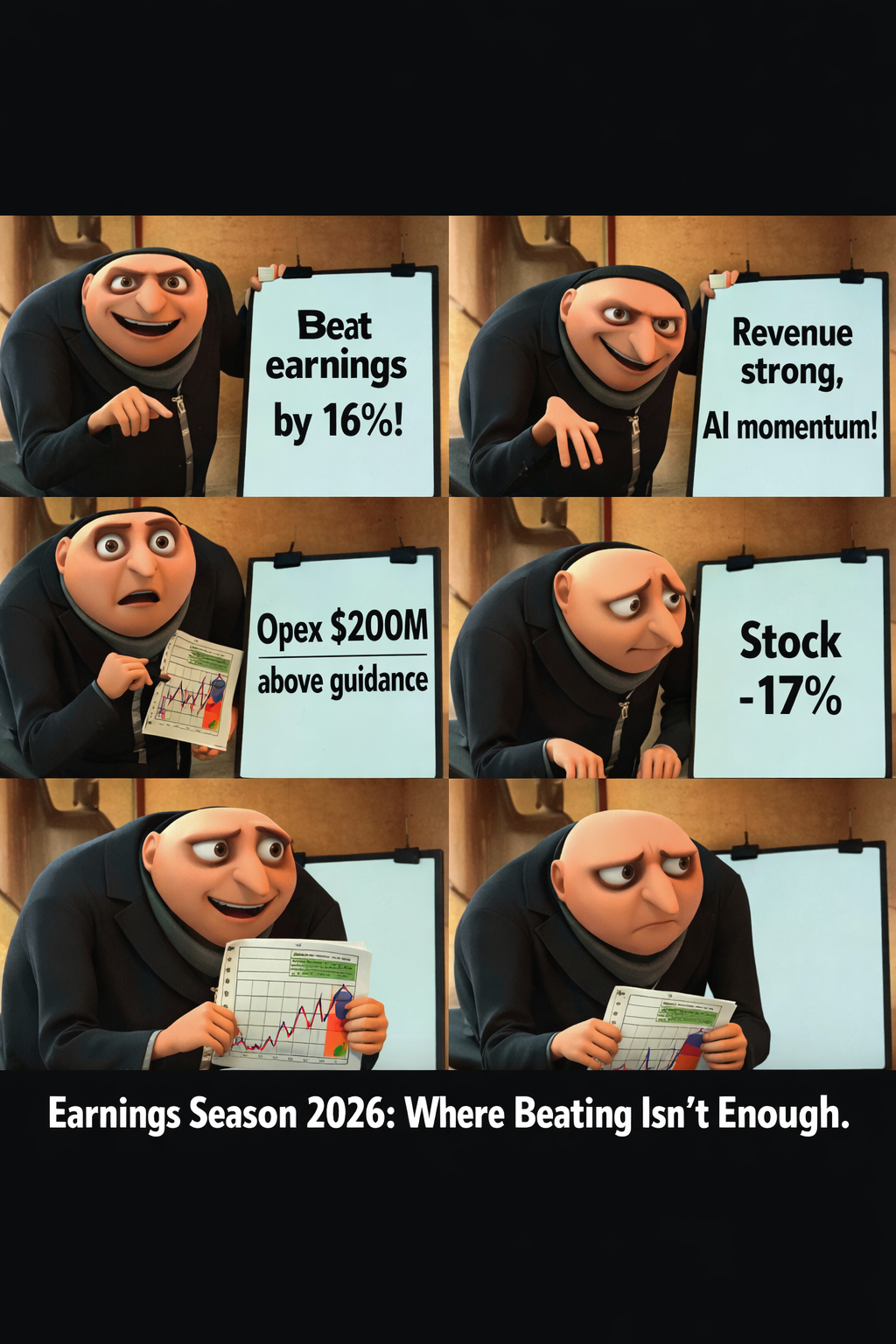 Four-panel "Gru's Plan" meme. Panel 1: AMD presenting "Beat earnings by 16%!" (happy). Panel 2: "Revenue strong, AI momentum!" (happy). Panel 3: "Opex $200M above guidance" (realisation). Panel 4: "Stock -17%" (same face as panel 3). Caption: "Earnings Season 2026: Where Beating Isn't Enough."
