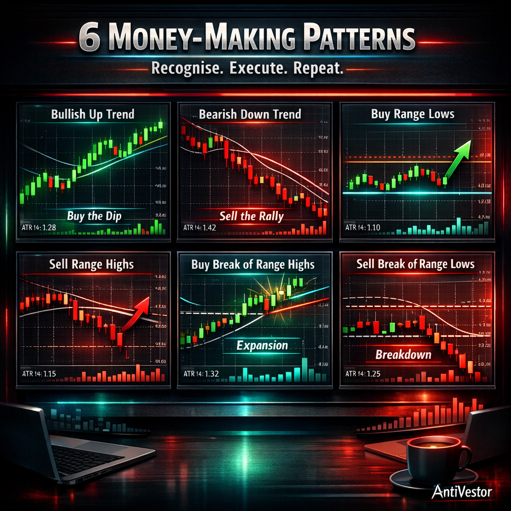 Six-panel trading dashboard illustrating bullish trend, bearish trend, range reversals, and breakout patterns in AntiVestor teal-red theme.