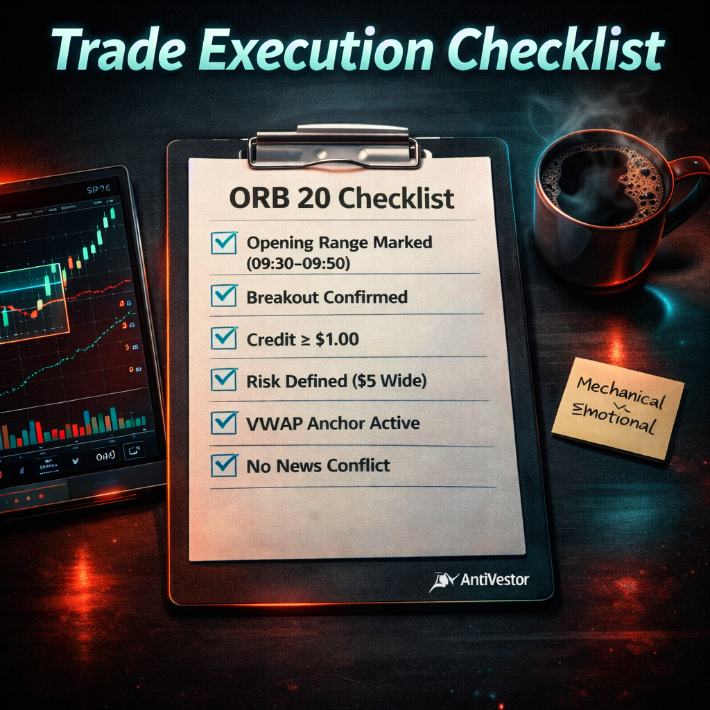 Desk flat-lay showing ORB 20 trading checklist beside SPX chart and coffee cup.