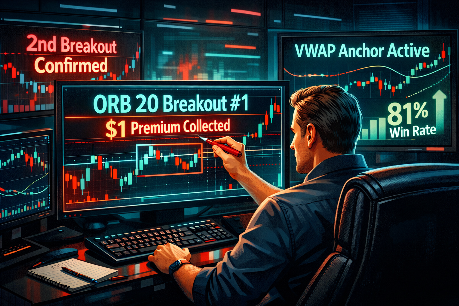 Trader tracking 20-minute SPX opening range breakouts with VWAP confirmations on sleek monitors.