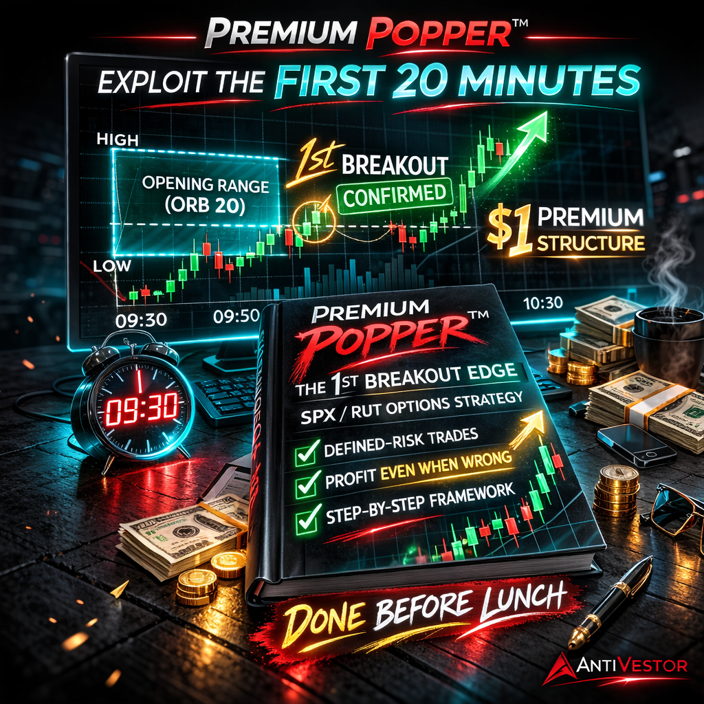 SPX chart showing 20-minute breakout beside a Premium Popper trading book on a dark desk.