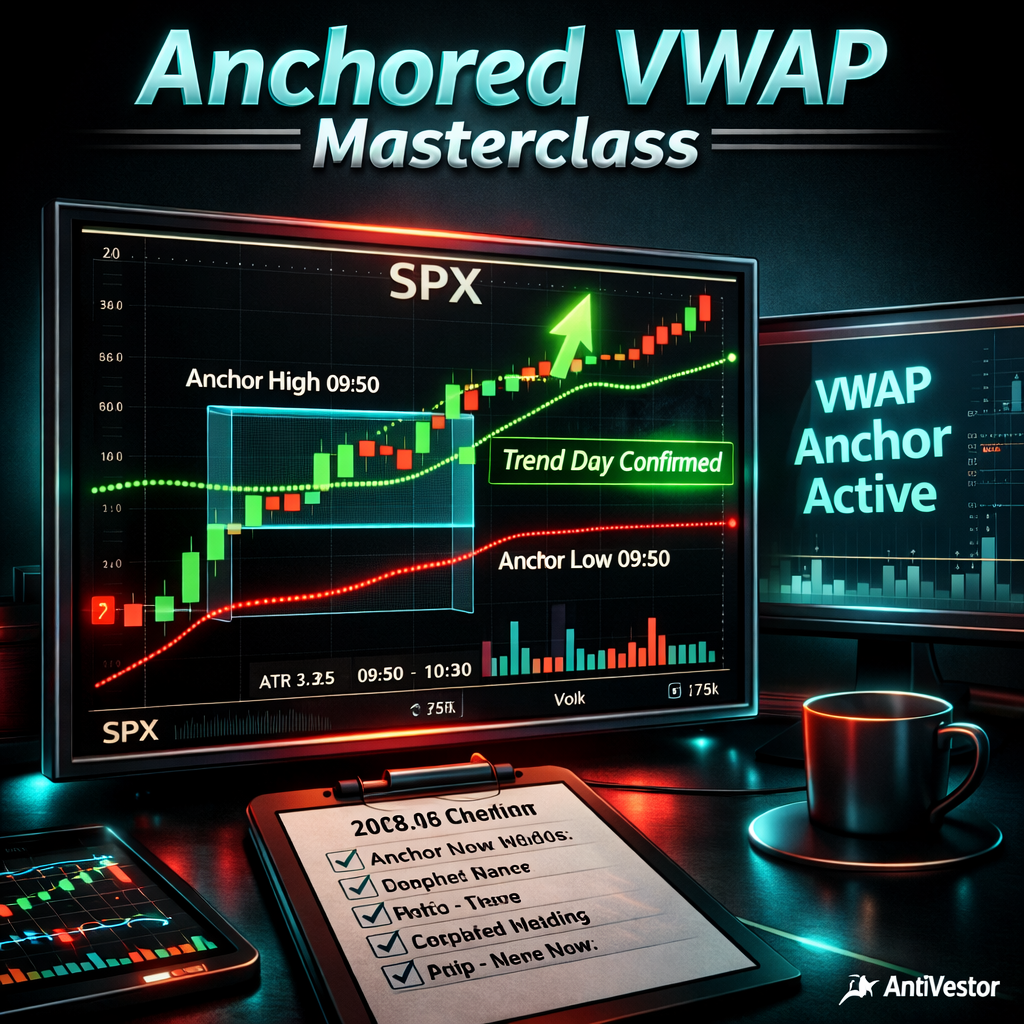 Detailed SPX chart showing anchored VWAP lines from the 20-minute opening range with breakout confirmation in teal and red theme.
