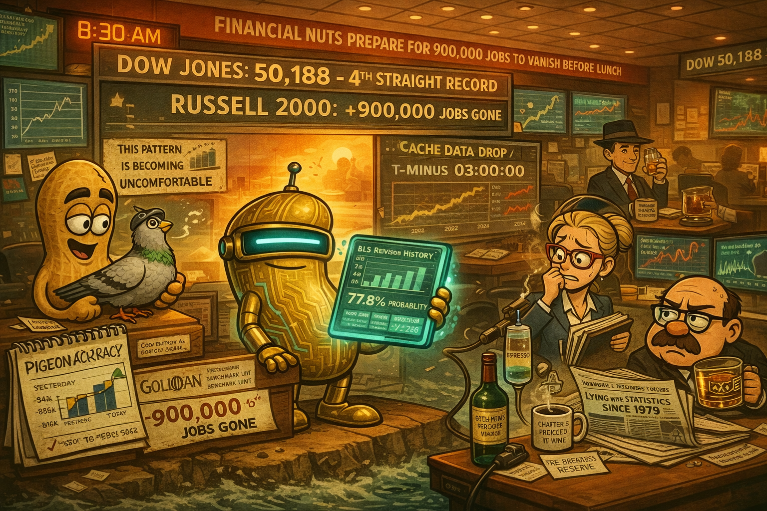 Financial Nuts newsroom in pre-NFP countdown mode with Percy's pigeon predicting revisions and Cache calculating 77 percent probability of negative outcome