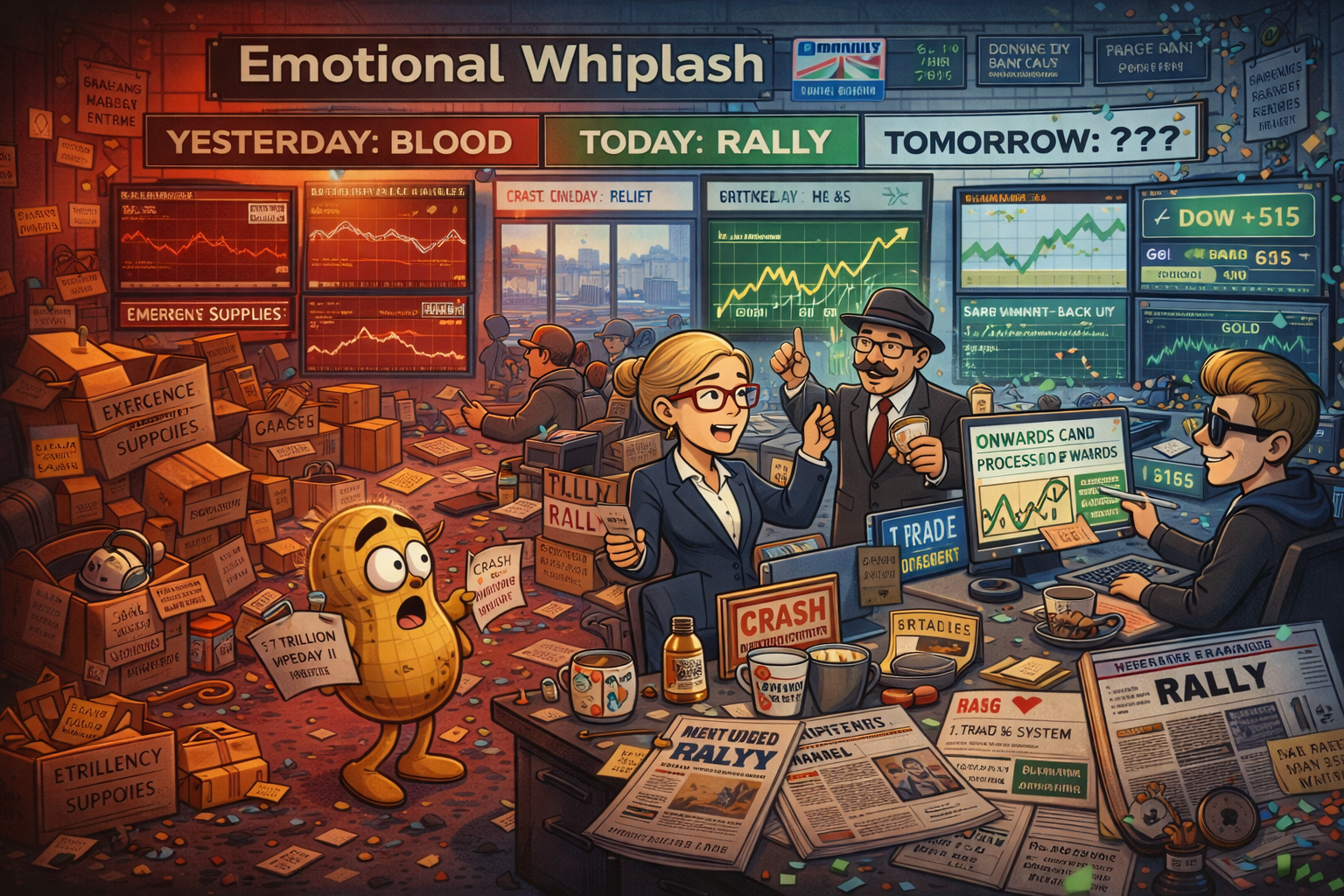 Financial Nuts newsroom transitioning from disaster relief to rally celebration with emotional whiplash, Kash unfazed by Monday's Popper loss