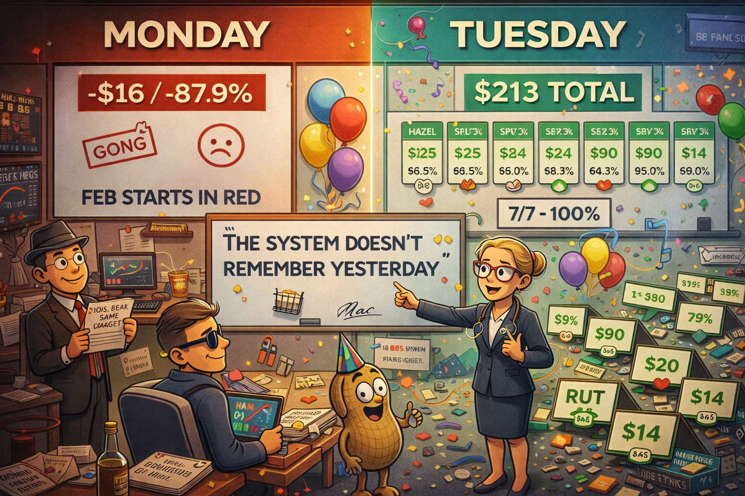 Financial Nuts newsroom showing Monday's single gong vs Tuesday's 7 perfect wins with party hat and systematic calm