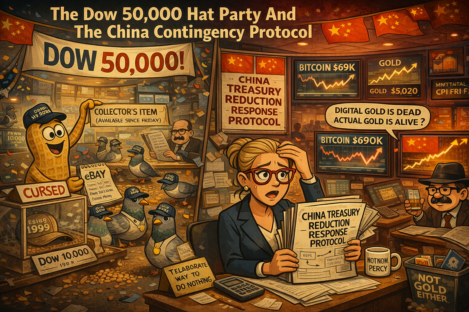 Financial Nuts newsroom celebrating Dow 50000 with Percy giving pigeons commemorative hats whilst Hazel builds 63-page China response protocol and Kash stares at dead Bitcoin versus alive gold