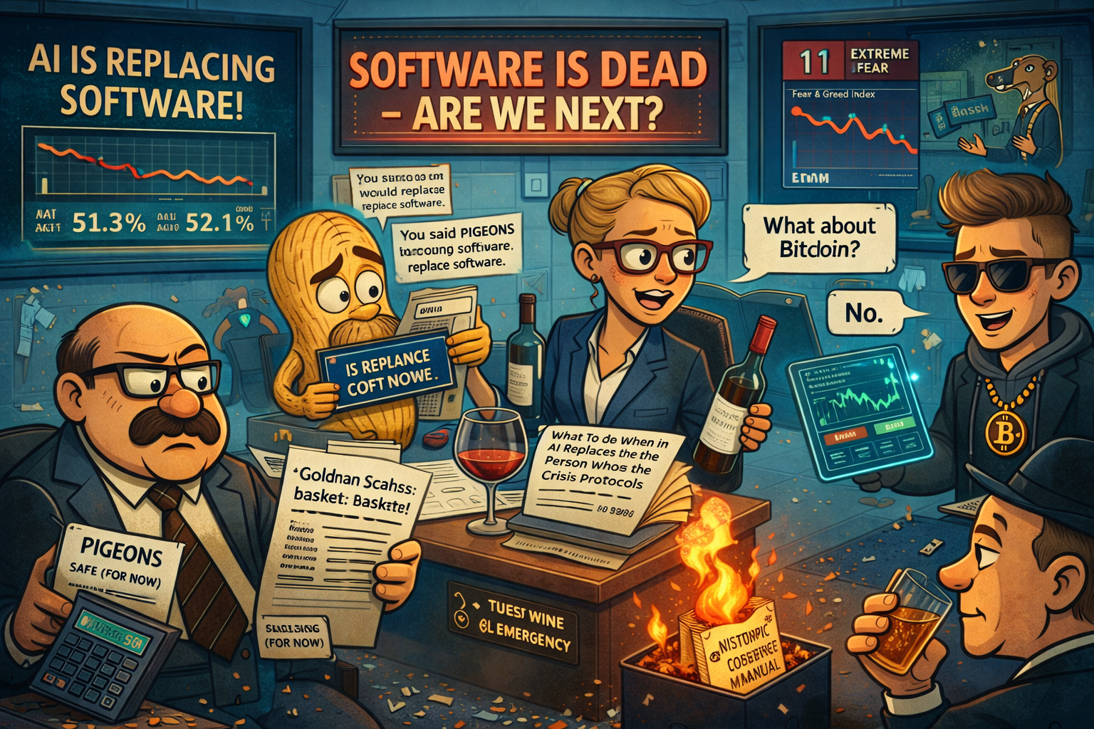 Financial Nuts newsroom in existential AI crisis with Cache debuting data drop whilst Hazel opens wine early and Percy discovers pigeons narrowly outperform replacement threshold