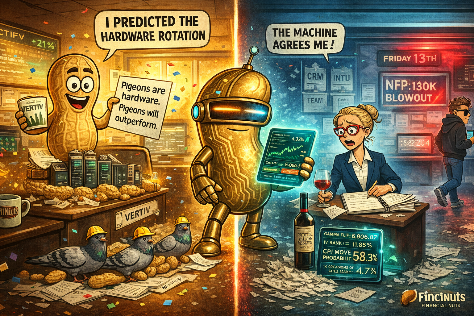 Financial Nuts newsroom split between hardware celebration and software funeral with Cache calculating CPI probability and Kash walking away from Bitcoin truth