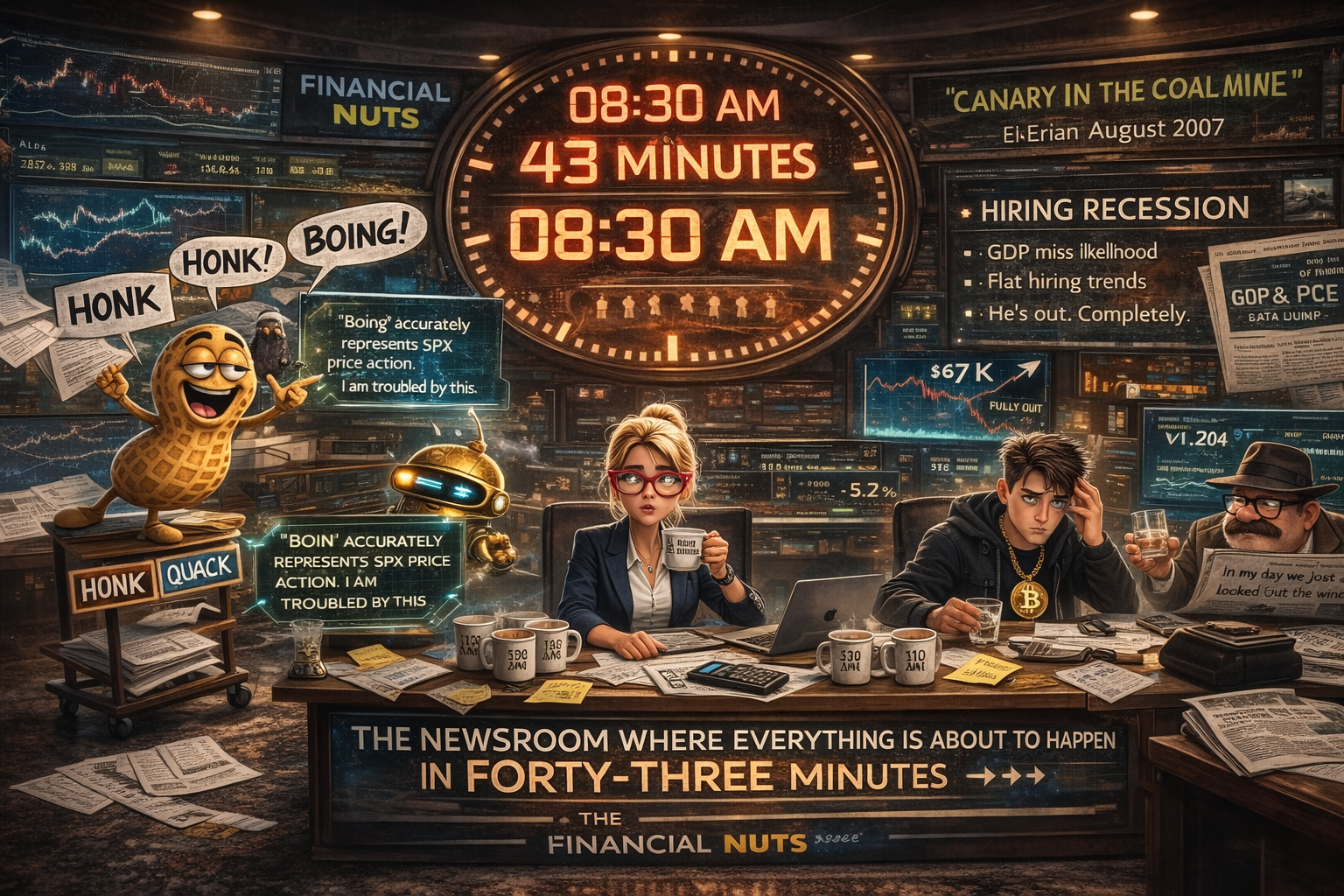 Financial Nuts newsroom counts down 43 minutes to GDP/PCE data dump while Hazel delivers the hiring recession warning and Kash processes Thiel's complete Bitcoin exit and Mac pours something transparent for clarity