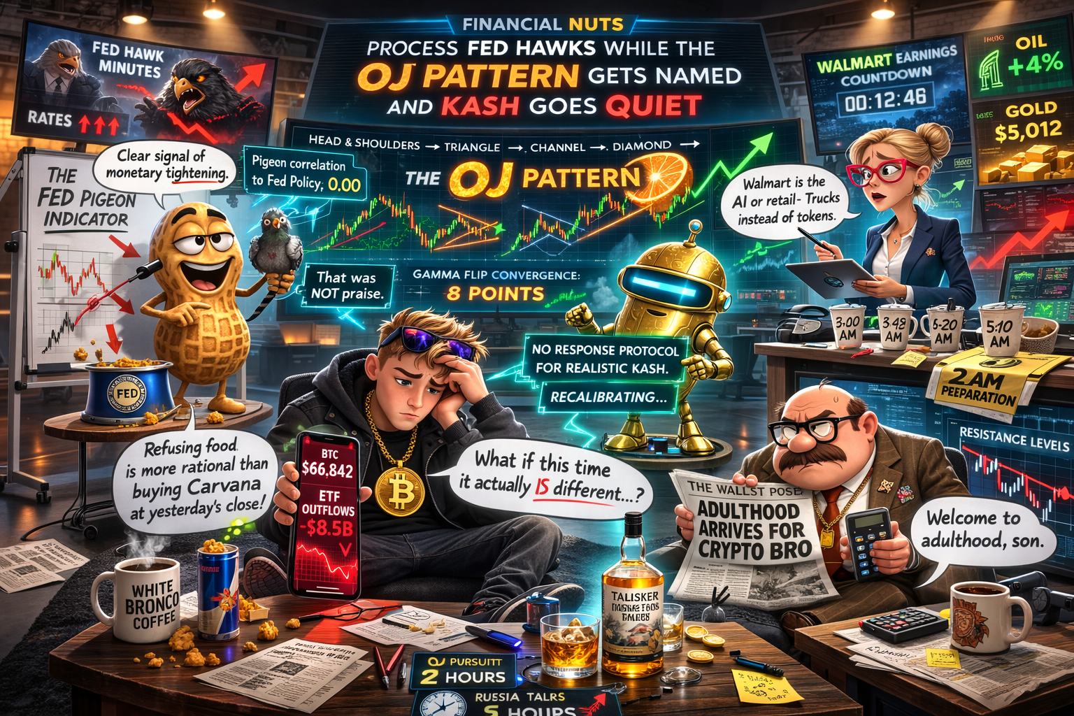 Financial Nuts newsroom processes Fed hawk shock as Mac names the OJ Pattern and Kash experiences his first moment of genuine crypto doubt while Cachè has no response protocol for realistic Kash