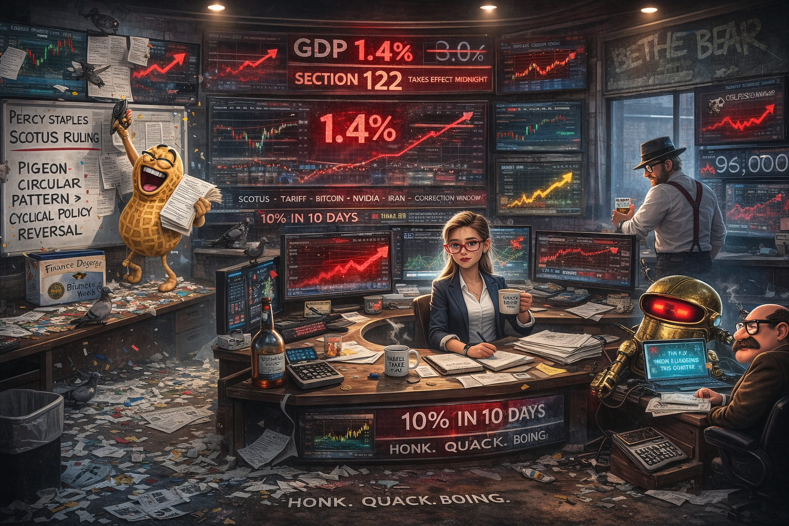 Financial Nuts newsroom showing Percy celebrating stale SCOTUS ruling while Kash processes Bitcoin crash, Hazel reviews GDP 1.4% miss, Mac drinks Talisker Storm, and Cachè runs red under tariff replacement chaos.