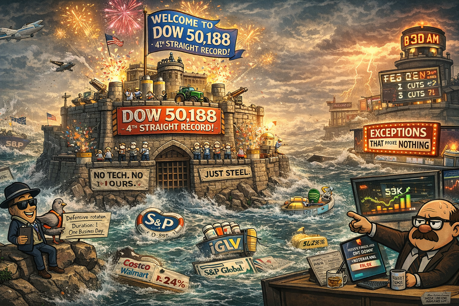 FinNuts newsroom reimagined as a satirical Dow theme park celebrating four records while S&P and Nasdaq overreact to minor declines, software sinks dramatically, and Cache calmly highlights broken correlation data in the corner.