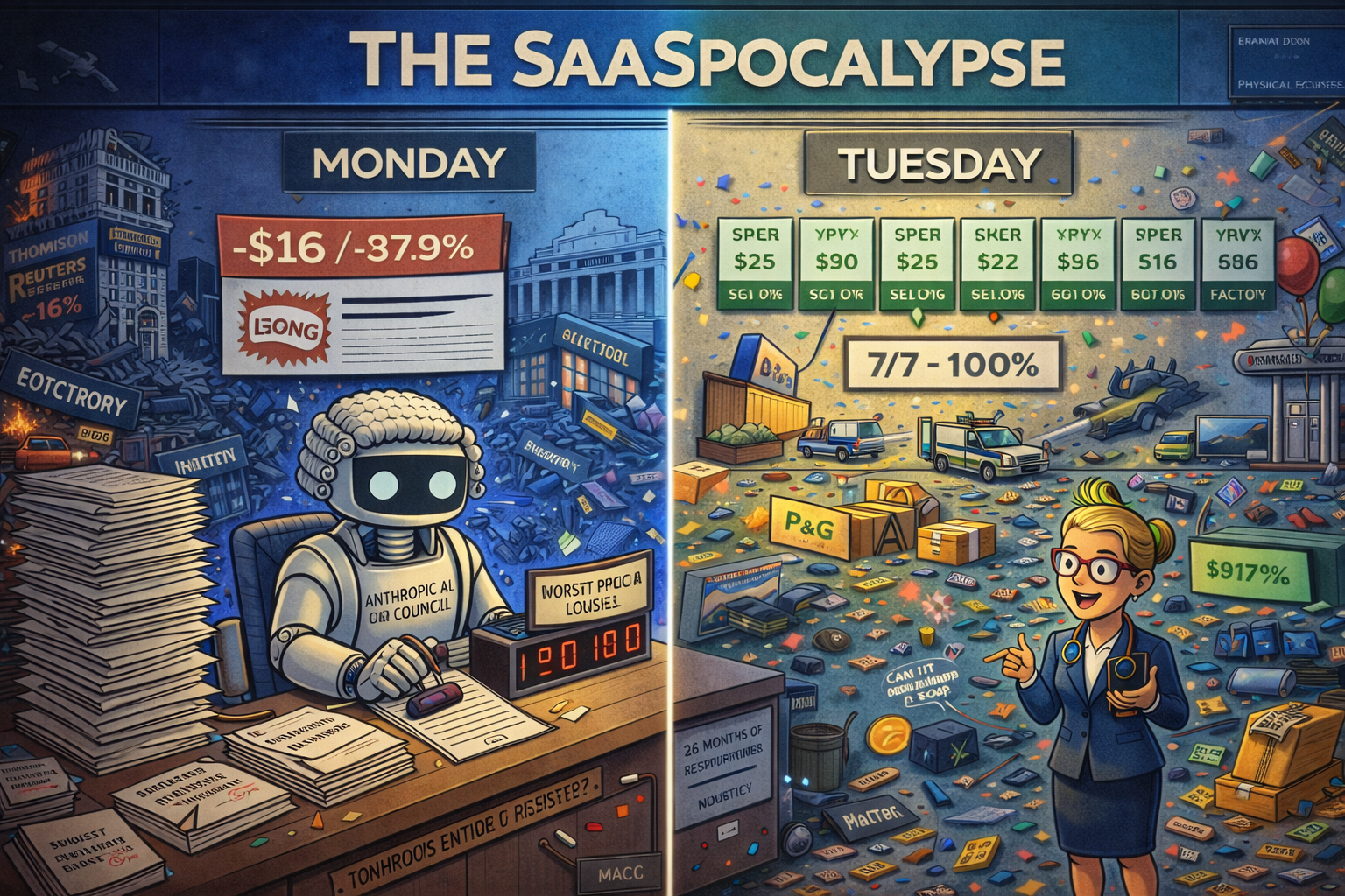 FinNuts newsroom as Anthropic's AI lawyer triggers $285B software massacre whilst physical economy stocks hit fresh records unbothered