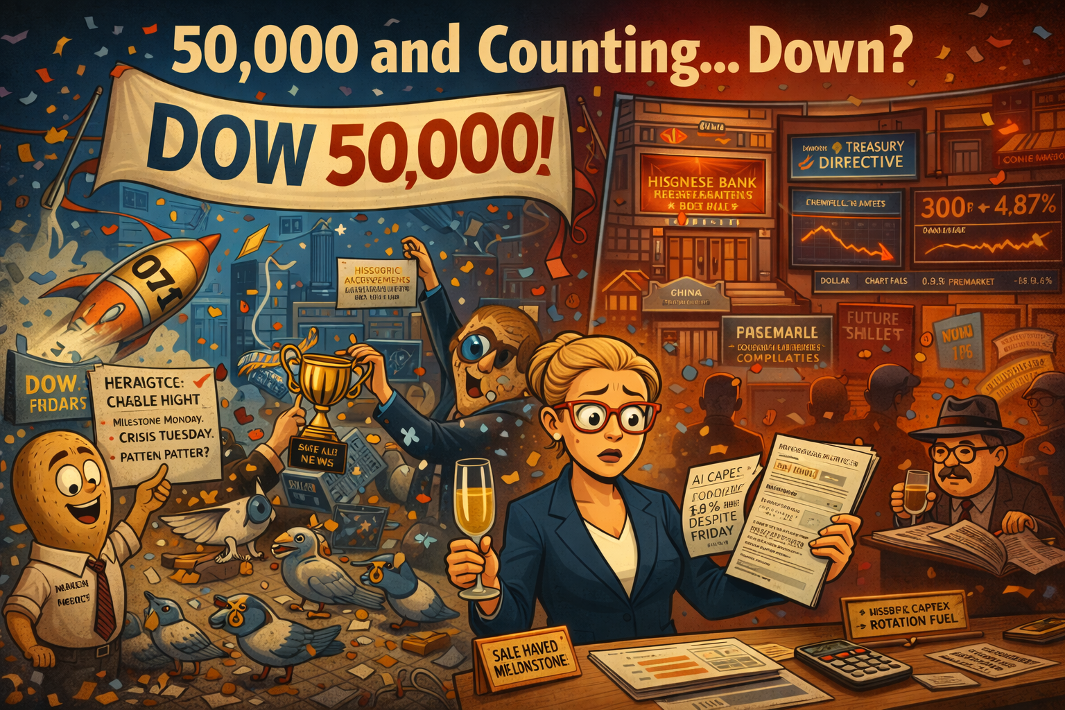 FinNuts newsroom as Dow 50,000 celebration meets China Treasury directive rattling bonds whilst value rotation accelerates