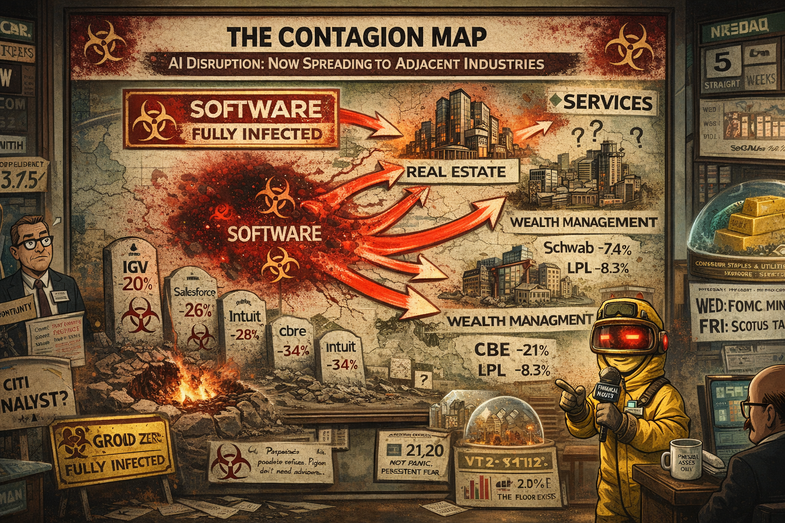 FinNuts newsroom displaying AI disruption contagion map spreading from software to real estate and wealth management as Nasdaq posts fifth straight weekly loss