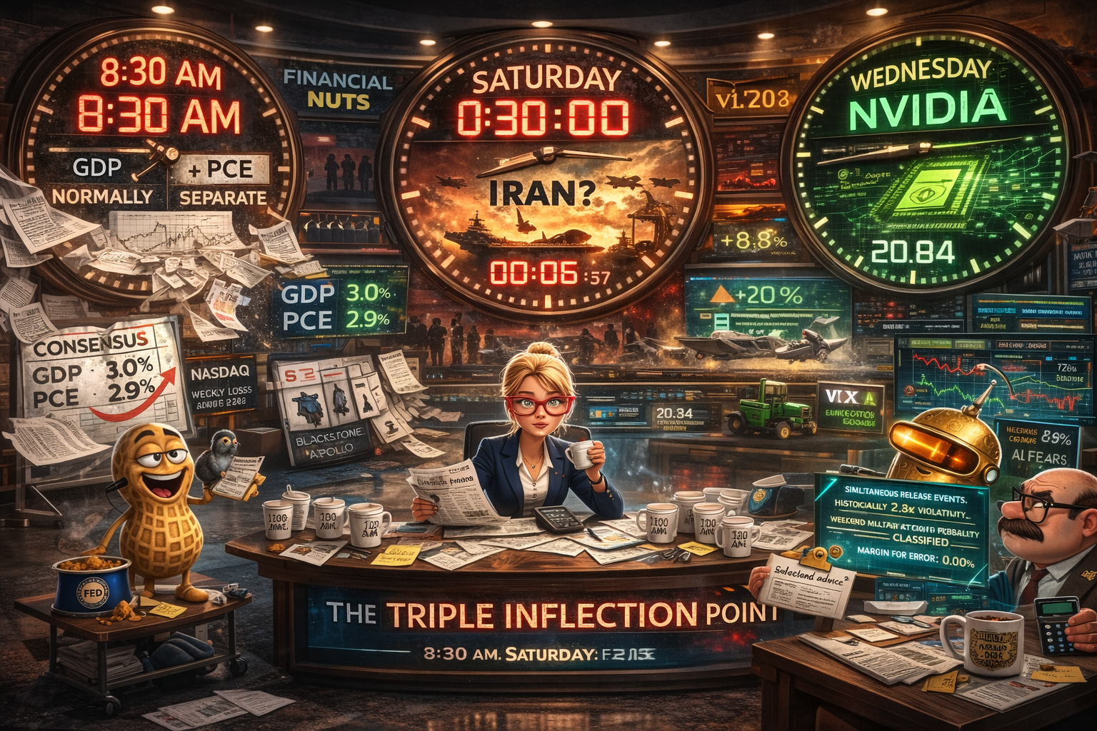 FinNuts newsroom with three crisis clocks counting down to 8:30 AM data dump, potential Saturday Iran strikes, and Wednesday Nvidia earnings as Nasdaq posts fifth consecutive weekly loss