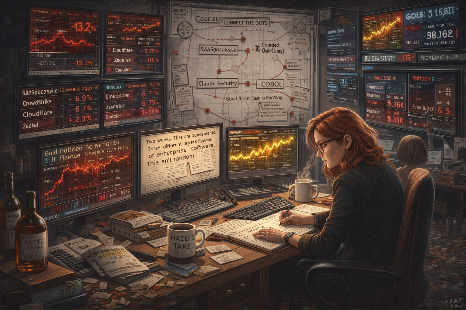 Hazel connects the AI disruption chain from SaaSpocalypse through security to COBOL at her organised desk