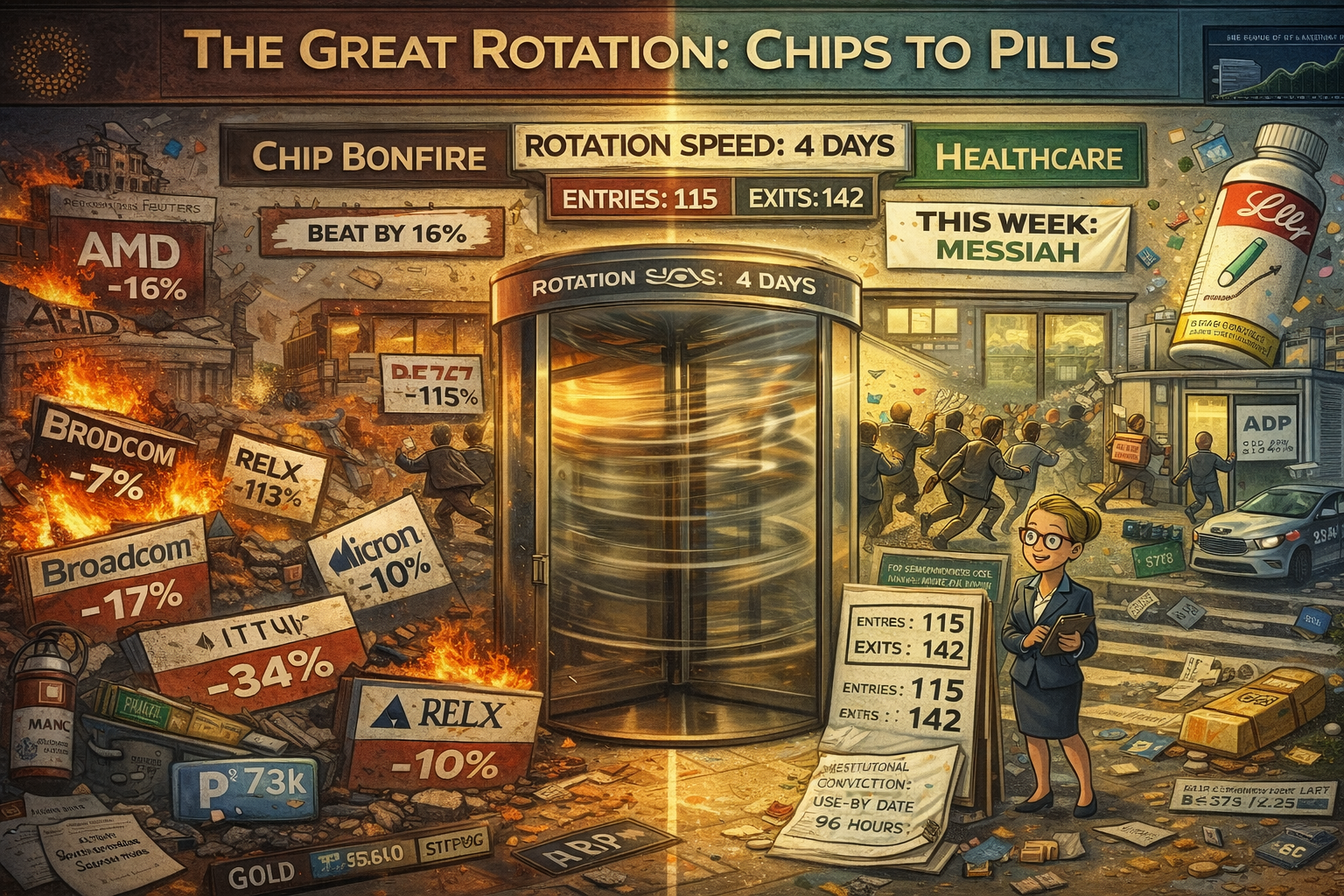 FinNuts newsroom showing investors flooding from crashed semiconductors into healthcare sector that was massacred just four days earlier