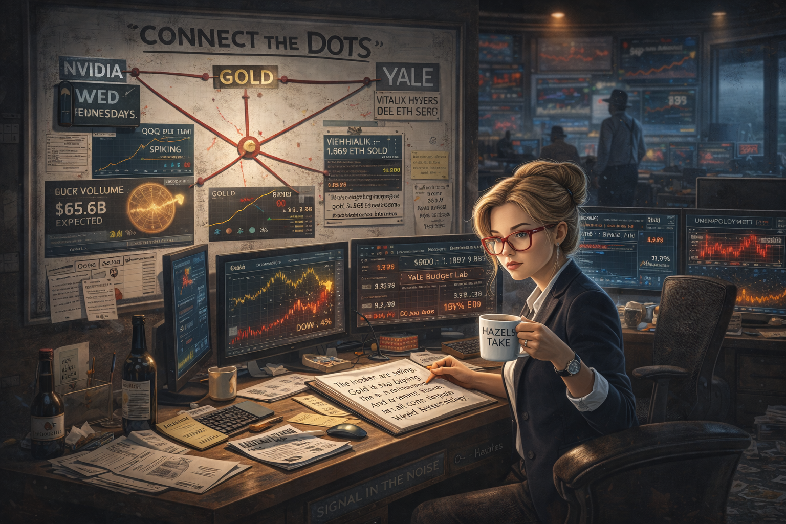 Hazel connects Nvidia earnings gold surge Vitalik selling and Yale tariff data at her organised news desk