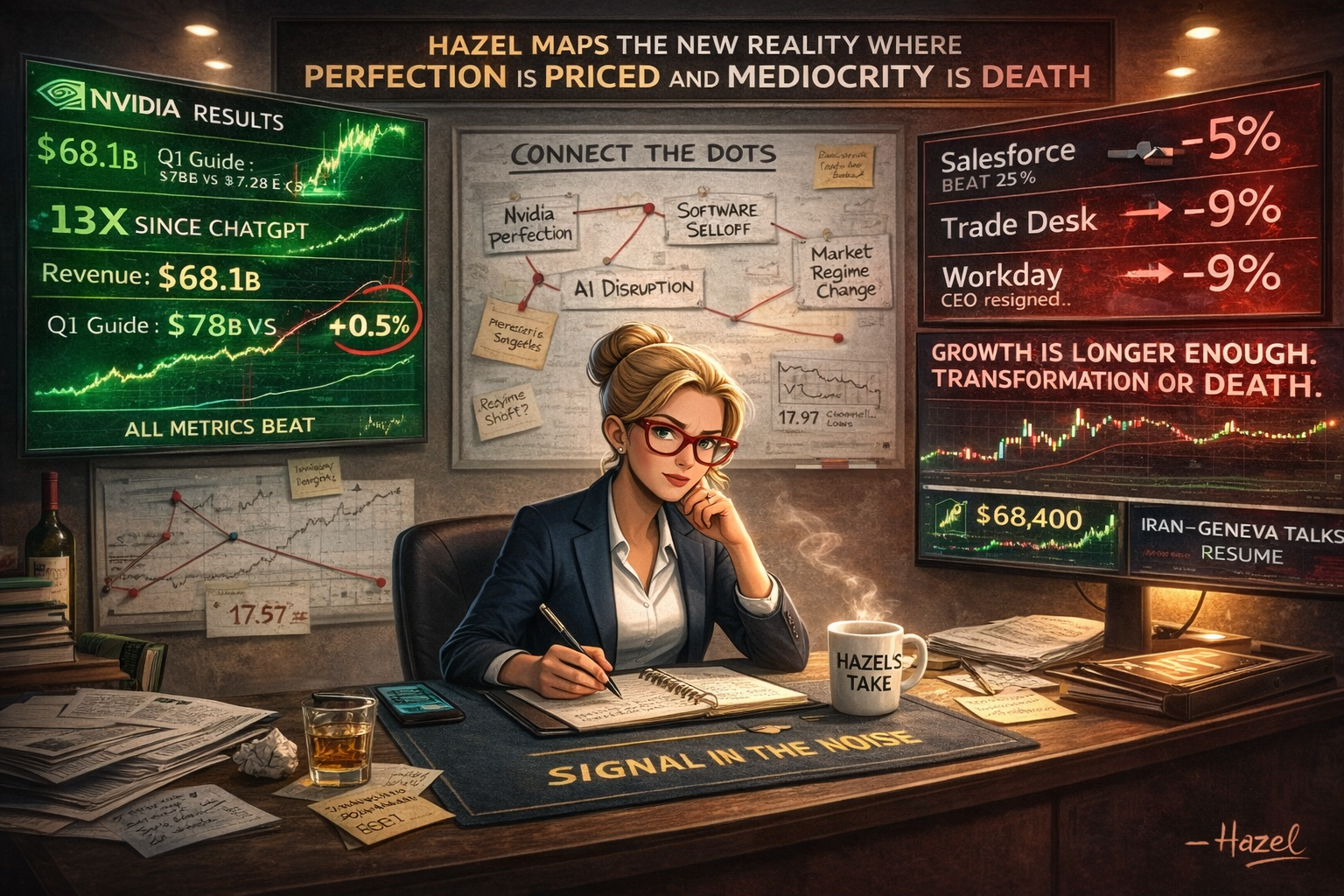 Hazel calmly maps Nvidia perfection and software collapse at her desk as VIX hits channel lows and the market regime shifts.