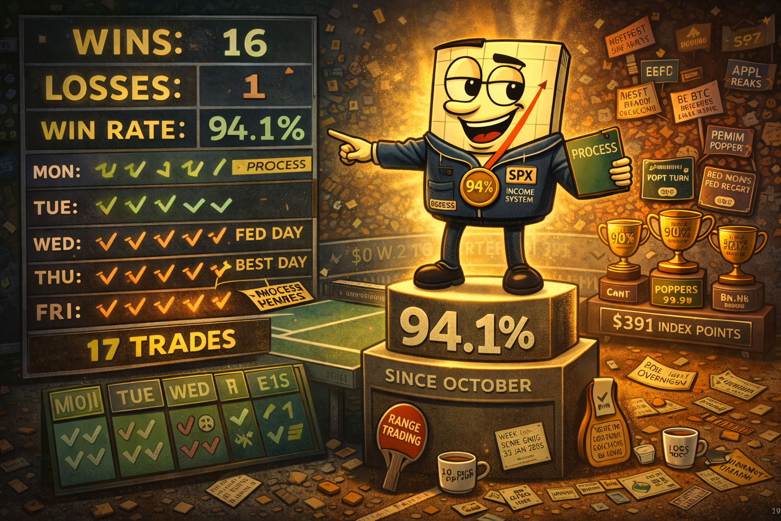 Mr SPX on victory podium celebrating 94.1% win rate week with 16 wins from 17 trades, surrounded by strategy trophies and range-bound market chart