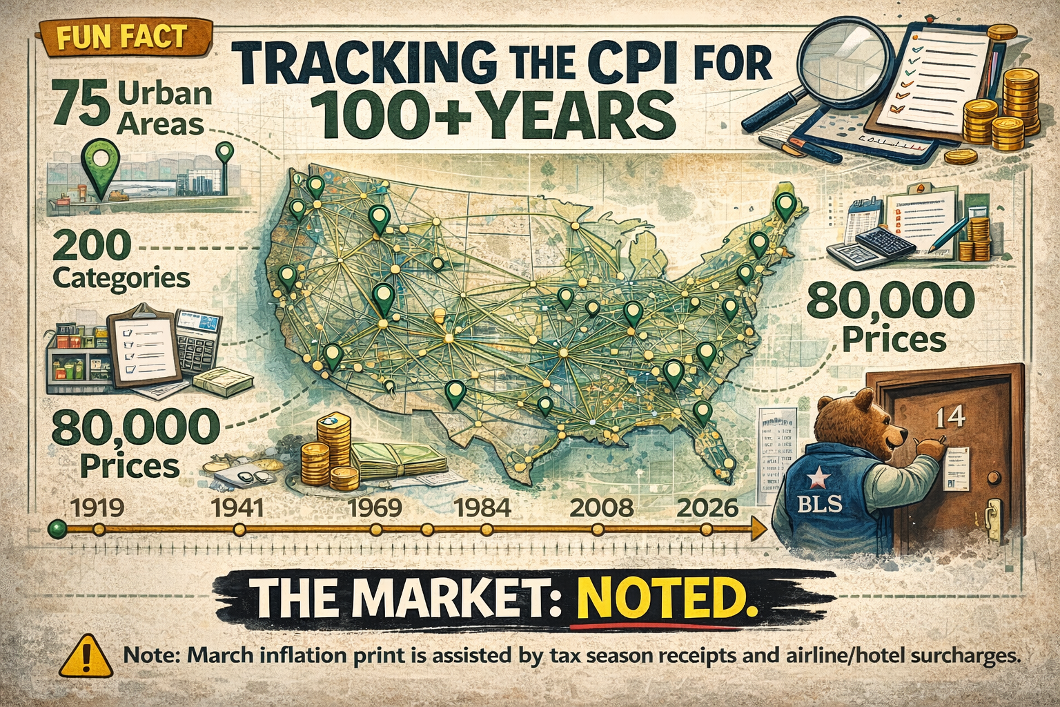 Illustrated BLS data collection map - 75 urban areas, 200 categories, 80,000 prices shown as a network graphic. Timeline showing 1919 to 2026 on a horizontal axis. Educational infographic with the March print caveat at the bottom.