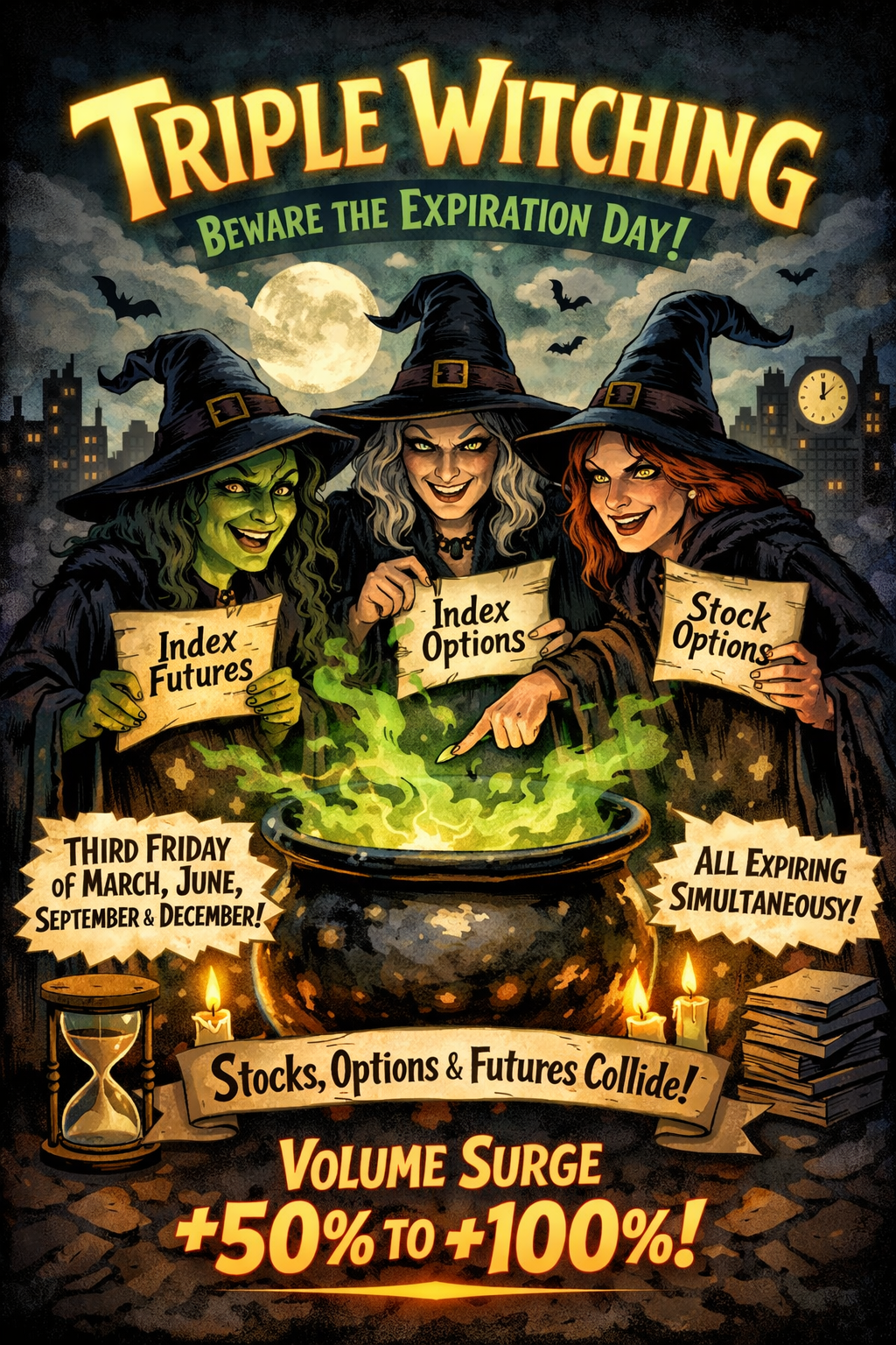 Triple Witching occurs four times per year - on the third Friday of March, June, September, and December - when stock index futures, stock index options, and individual stock options all expire simultaneously. The term dates to the 1980s when the three simultaneous expiries were thought to make markets behave unpredictably, as if under the influence of three witches. Trading volume on Triple Witching days is typically 50-100% above average.