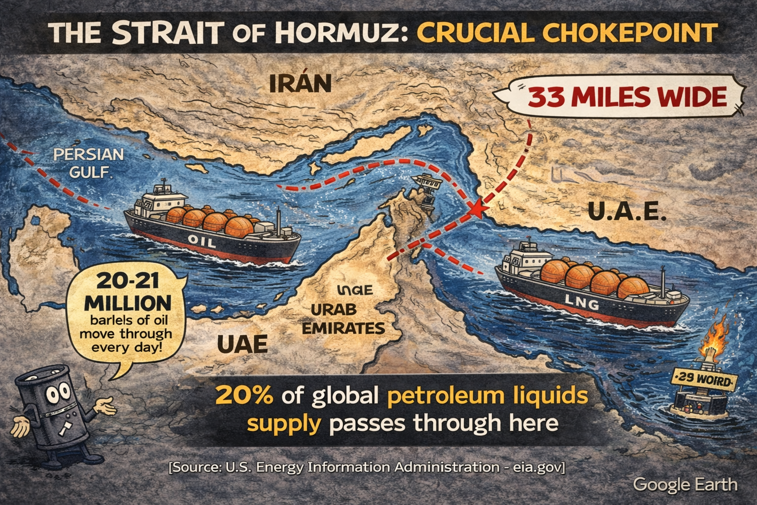 The Strait of Hormuz is approximately 33 miles wide at its narrowest navigable point. On an average day, roughly 20 to 21 million barrels of oil pass through it - accounting for around 20% of global petroleum liquids supply and nearly a third of all liquefied natural gas traded by sea. It is the world's most strategically consequential waterway, connecting the Persian Gulf to the Gulf of Oman.