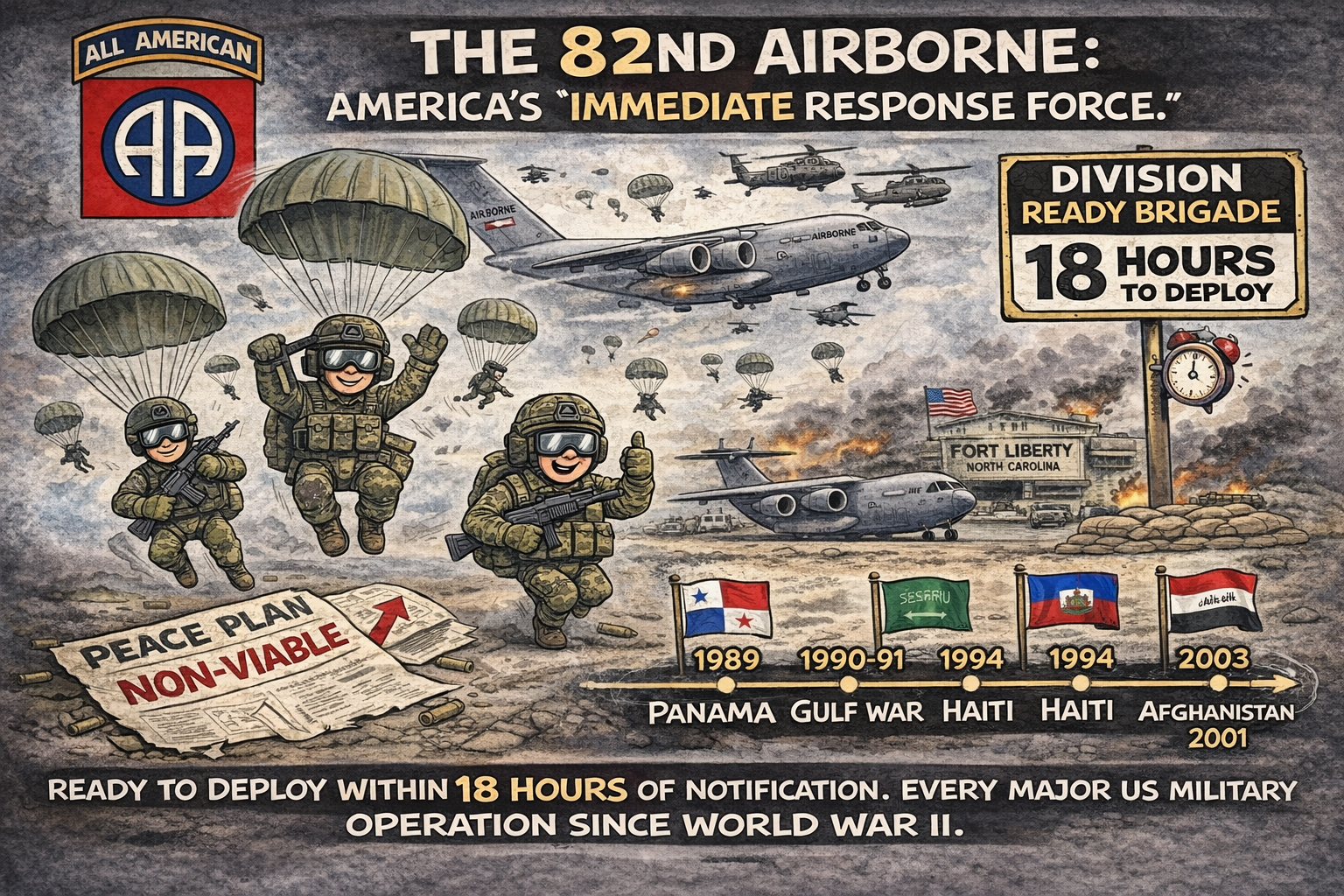 The 82nd Airborne Division, based at Fort Liberty, North Carolina, is the United States Army's primary strategic rapid deployment force. Its standard readiness posture requires designated units to be prepared for departure within 18 hours of notification - a capability known as the Division Ready Brigade. The 82nd has been deployed in every major US military operation since World War II, including Panama in 1989, the Gulf War in 1990-91, Haiti in 1994, Afghanistan in 2001, and Iraq in 2003.