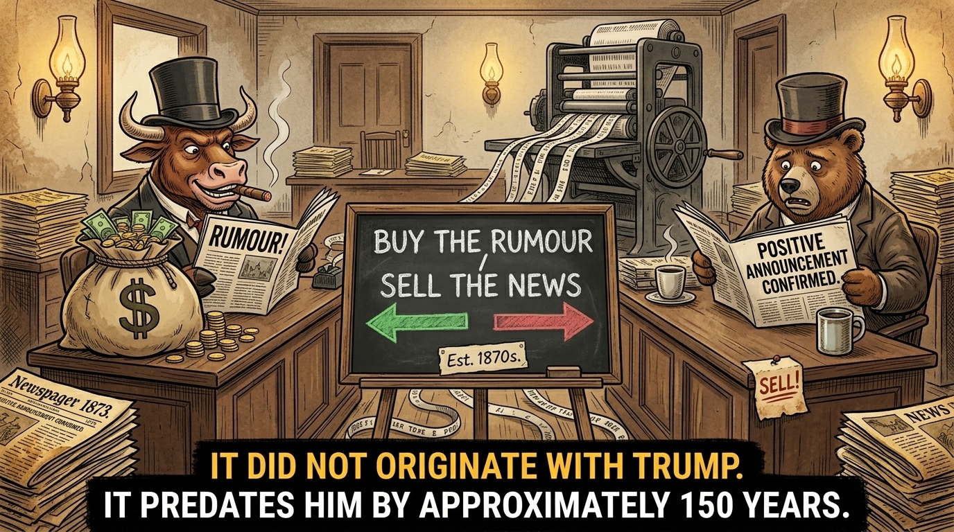 The phrase "buy the rumour, sell the news" is one of the oldest axioms in financial markets, with documented use in US financial newspapers as far back as the 1870s. It describes the tendency for asset prices to rise in anticipation of a positive announcement and then fall once the announcement actually occurs — because the expected outcome has already been priced in and profit-taking follows confirmation. The pattern is so well established that it has been documented in academic finance literature across equities, commodities, currencies, and bond markets in every decade since reliable data has been available. It did not originate with Trump. It predates him by approximately 150 years.