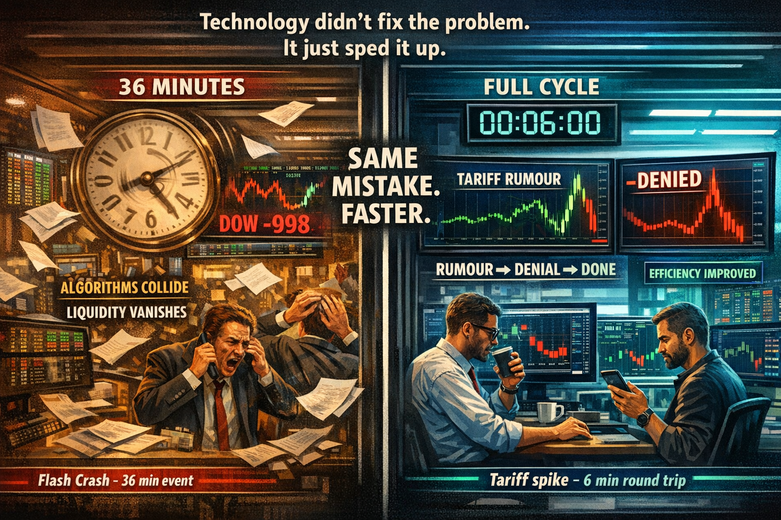 The fastest market-moving event in recorded history was the 6 May 2010 "Flash Crash," in which the Dow Jones dropped nearly 1,000 points - approximately 9% - in a matter of minutes before recovering almost as quickly. The event was eventually attributed to a combination of algorithmic trading, a large futures sell order, and cascading automated responses. The entire crash and recovery took approximately 36 minutes.