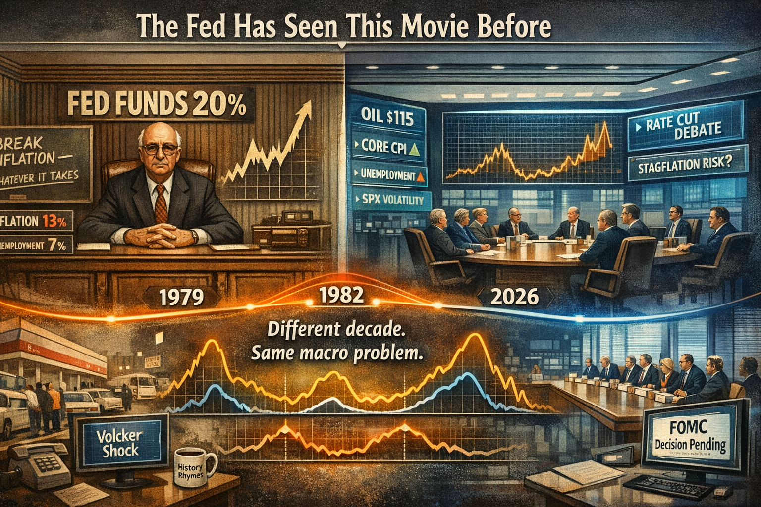 Flexible style. Suggested: Split timeline - Volcker at the Fed 1979 left vs. 2026 FOMC meeting right. Connecting thread: oil prices and unemployment curves mirroring across the decades.