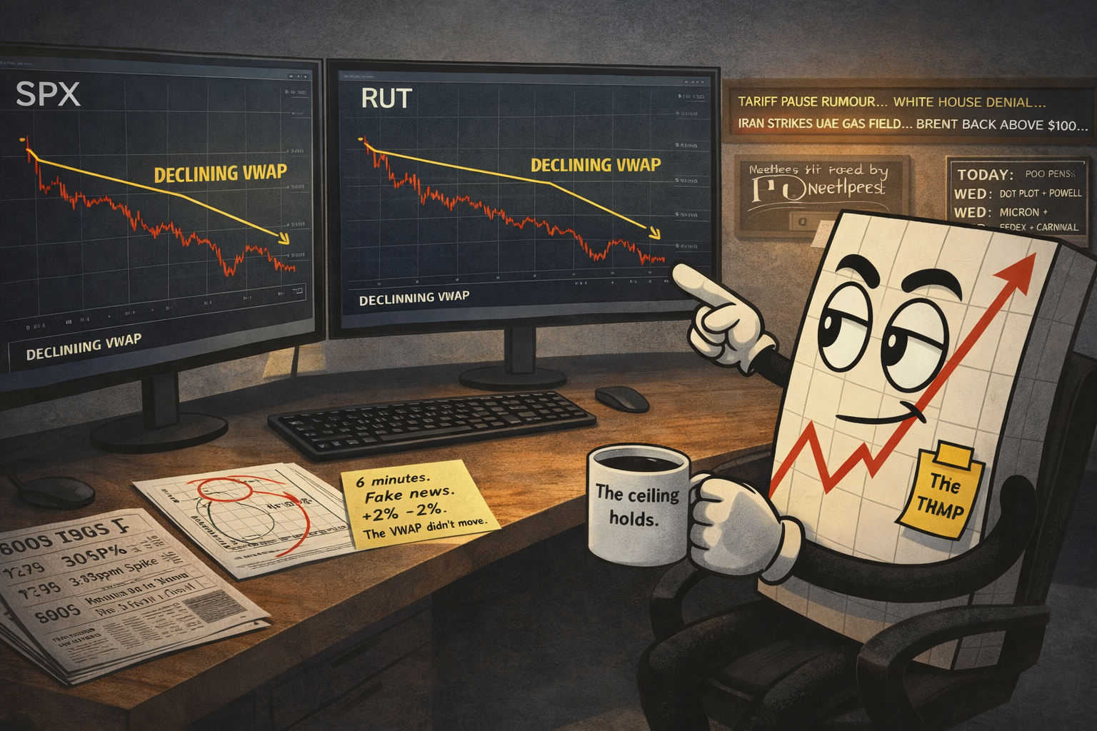 Mr SPX points at declining VWAP ceiling lines on dual SPX and RUT screens, back turned to running news ticker, sticky note about 6-minute tariff rumour spike and denial, coffee mug reading "The ceiling holds," black cat third day present, wall calendar with Wednesday underlined twice.