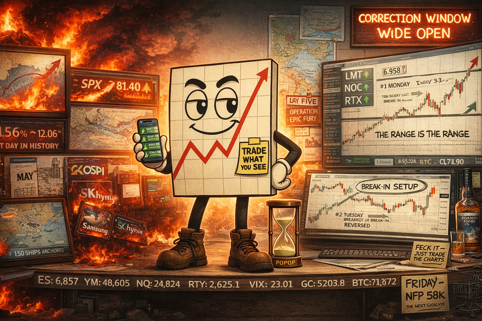 Mr SPX stands between Hormuz chaos and calm chart ranges marking the break-in setup whilst Korea crashes 12%