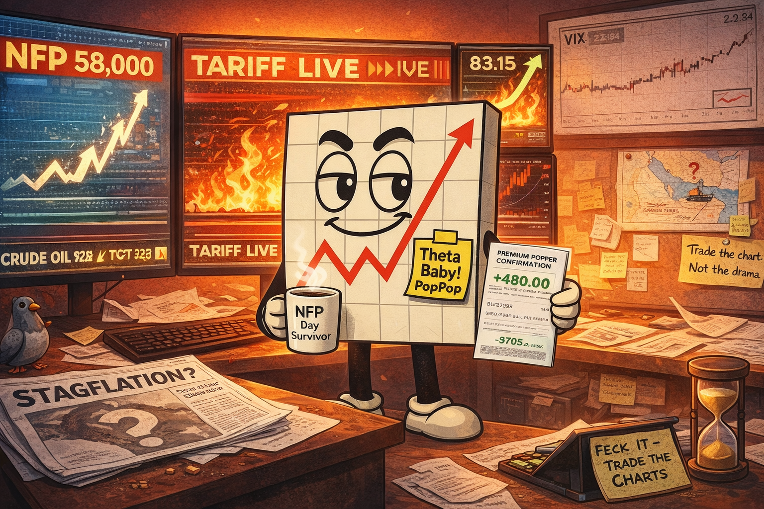 Mr SPX stands calmly at a triple-screen trading desk showing NFP data, live tariff alerts, and a soaring oil price, holding a coffee and a winning trade slip whilst the world burns around him.