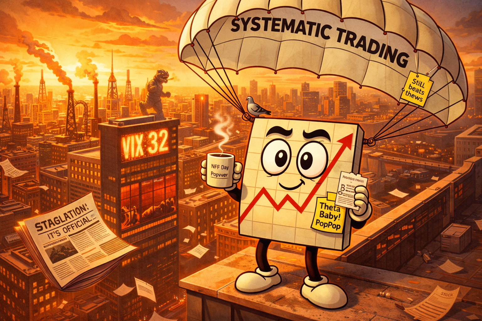 Mr SPX descends calmly by parachute from a skyscraper rooftop holding a winning trade slip and coffee, while a VIX of 32 displays on the building opposite, oil derricks line the horizon, and a tiny Godzilla climbs a distant tower.