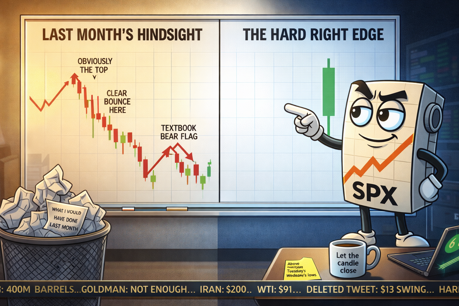 Mr SPX points at the hard right edge of a blank unfinished chart while ignoring the perfectly annotated hindsight chart on the left, rubbish bin of crumpled predictions in the foreground, IEA/Iran/WTI ticker tape along the bottom.