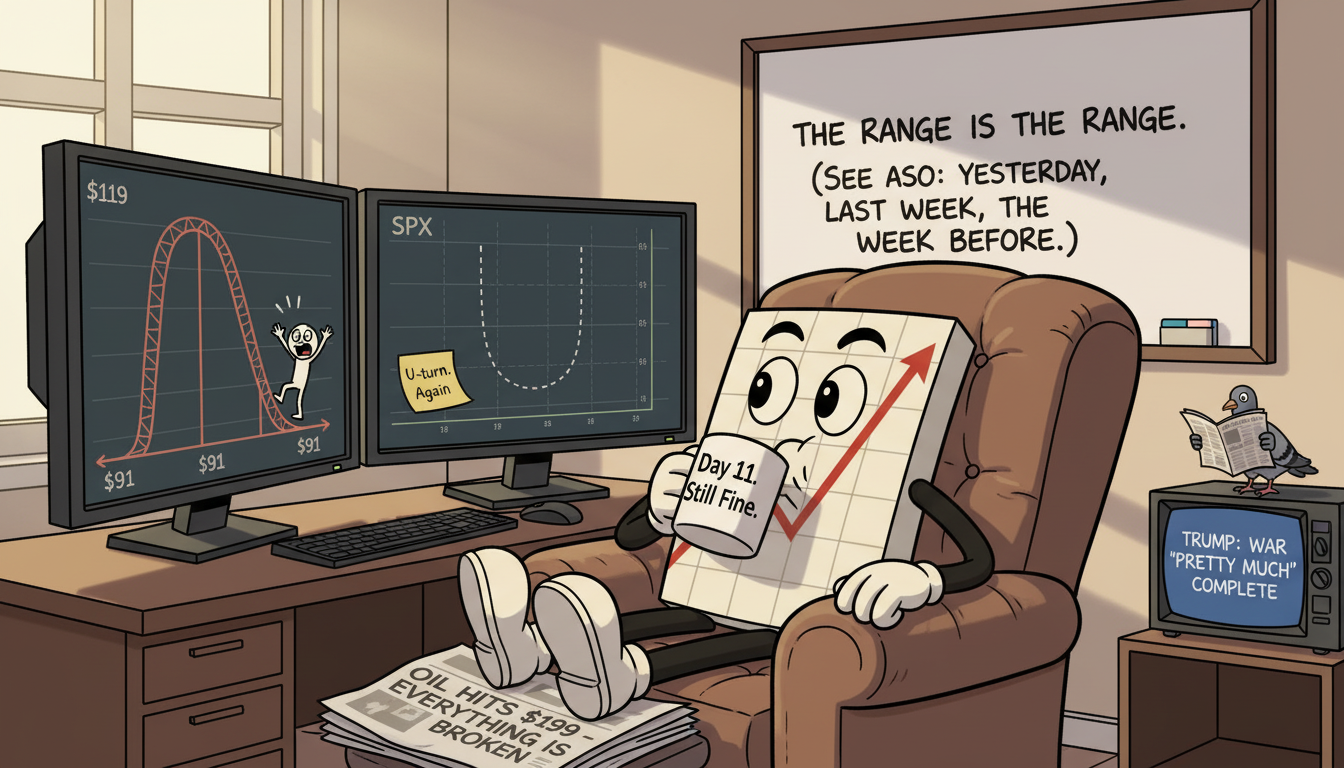 Mr SPX sits relaxed at his trading desk watching an oil rollercoaster chart and SPX U-turning at range lows, feet up, coffee in hand, a crumpled doomsday newspaper used as a footrest, a whiteboard behind him reading "The Range Is The Range."