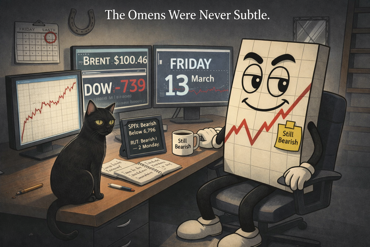 Mr SPX sits calmly at his trading desk on Friday the 13th, black cat on the corner watching the screens showing Brent $100.46 and Dow -739, coffee mug reading "Still Bearish," small chalkboard with bearish TnT levels, calendar circled behind him, horseshoe hung upside down on the wall.