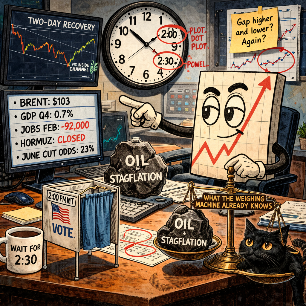 Mr SPX at desk with clock showing 2pm dot plot and 2:30pm Powell, two screens showing recovery chart and stagflation data list, miniature voting booth and unbalanced weighing scales, black cat fourth day, sticky note asking "Gap higher and lower? Again?"