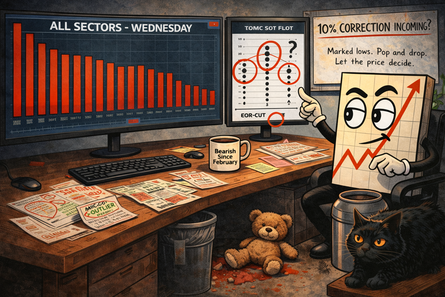 Mr SPX at desk with all-sectors-red chart on screen, seven zero-cut dot plot circled, teddy bear on floor by bin, coffee mug reading "Bearish Since February," whiteboard asking "10% Correction Incoming?" with marked lows note, black cat observing the teddy, single green Micron outlier slip on otherwise red desk.