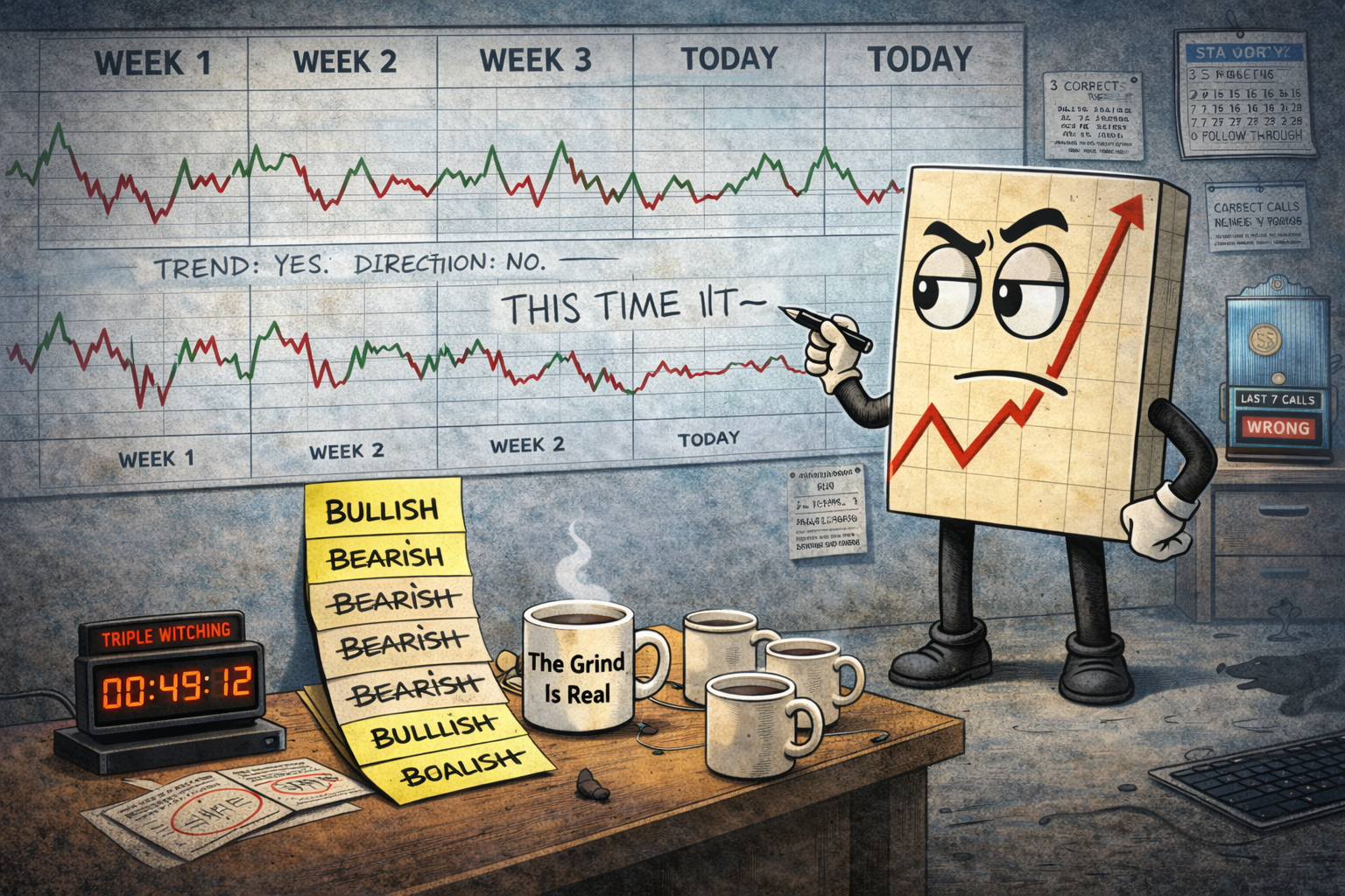 Mr SPX stands in front of a large multi-week chart wall showing repeated sell-offs and reversals forming a flat jagged sideways pattern, unfinished writing on glass reading “THIS TIME IT—”, desk with four empty coffee cups and a fifth in hand, stack of alternating BULLISH and BEARISH sticky notes with only the newest BULLISH not crossed out, mechanical coin-flip machine showing last seven calls wrong, Triple Witching countdown timer, tilted 2007 calendar, faint outline where black cat used to sit.