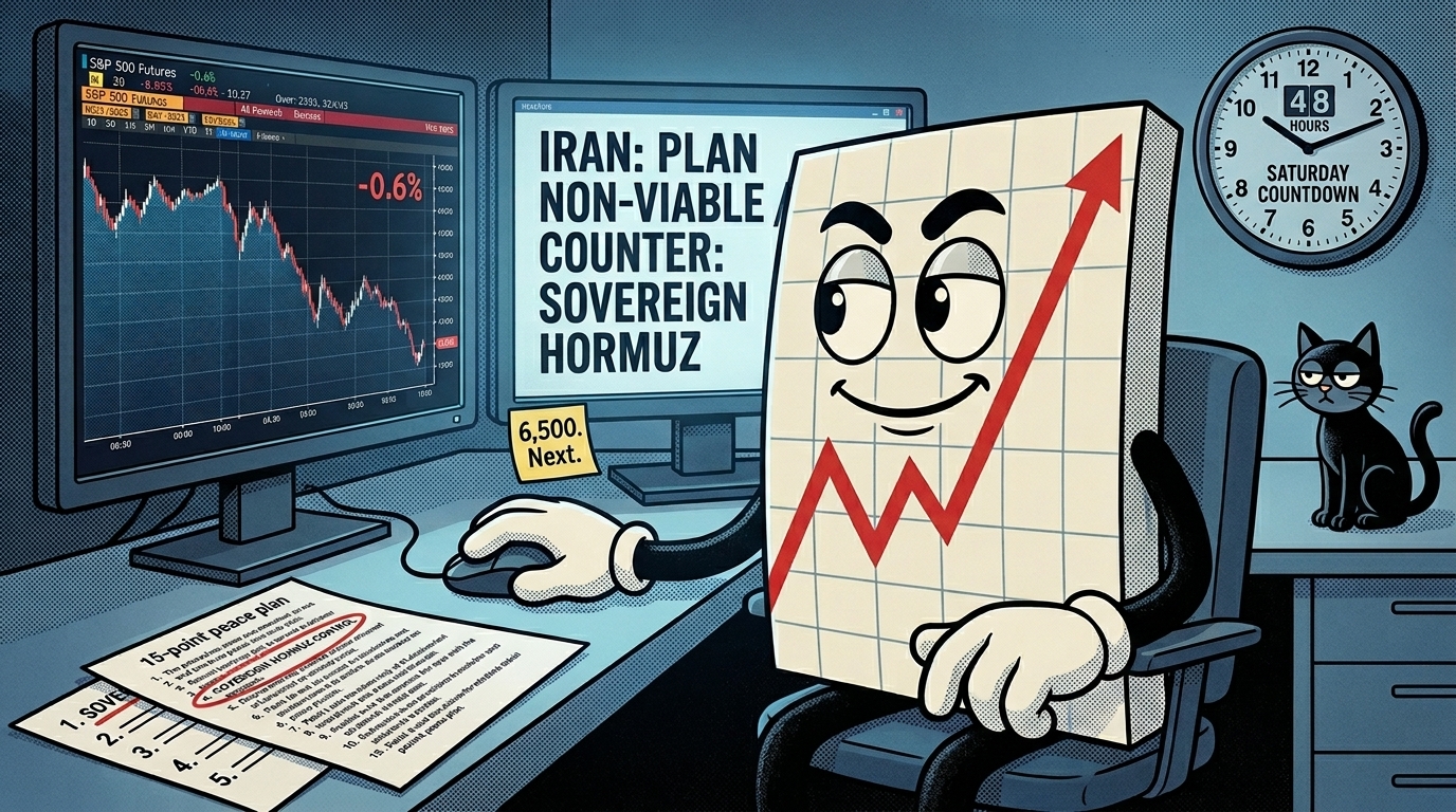 Mr SPX leaning forward at desk with black cat slightly closer to screen, left monitor showing futures rolling over -0.6%, right monitor reading IRAN PLAN NON-VIABLE / SOVEREIGN HORMUZ CONTROL, printed 15-point plan with Point 4 circled, five-point counter with Point 1 underlined, sticky note reading "6,500. Next.", Saturday countdown clock showing 48 hours.
