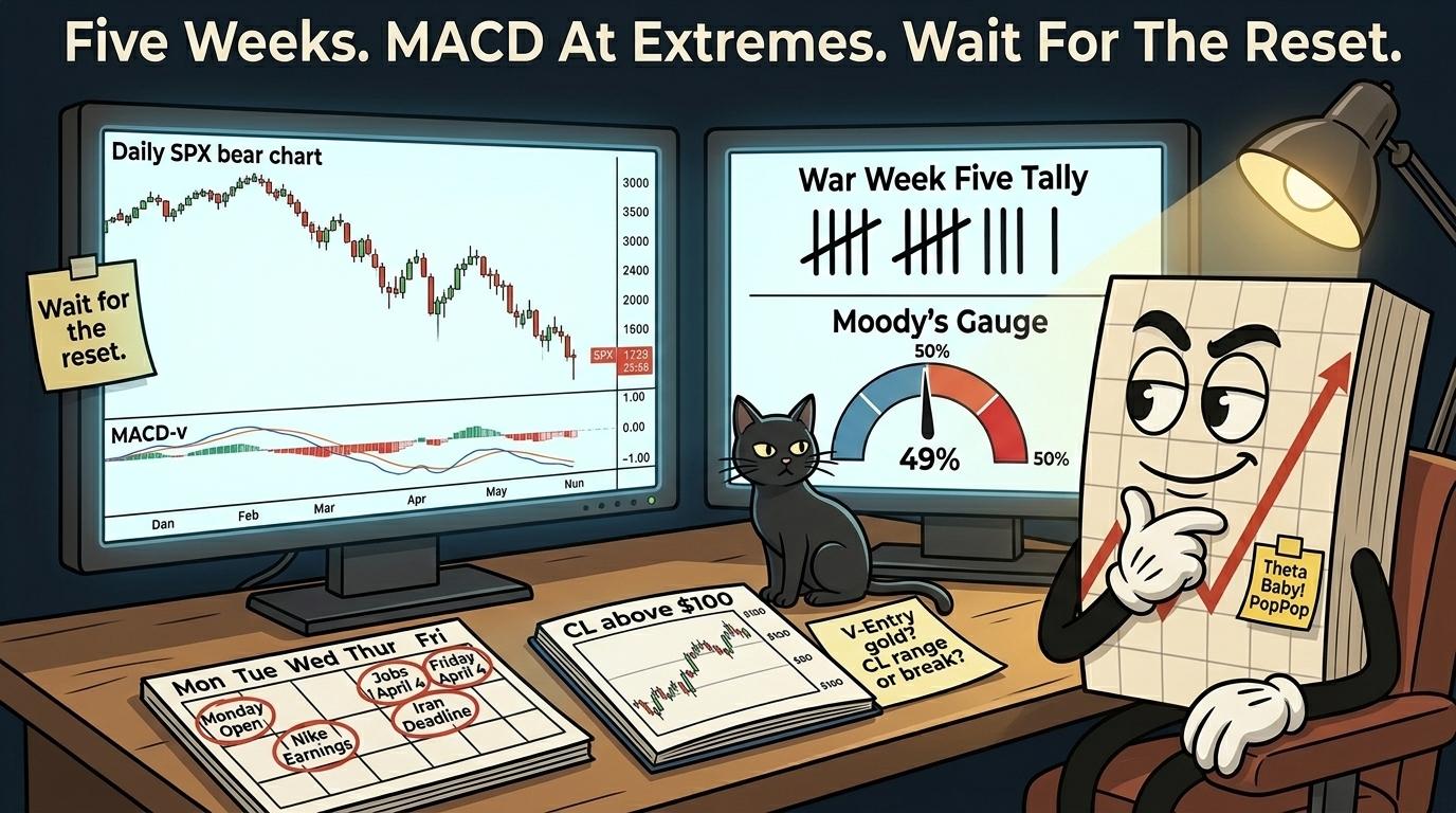 Mr SPX at desk Monday morning with SPX bear chart and MACD-v at extremes on left monitor, war week five tally and Moody's 49% gauge nearly touching the 50% red line on right monitor, calendar with four red-circled events this week, oil chart with V-Entry gold note, sticky note reading "Wait for the reset," black cat looking directly at the Moody's gauge from the corner of the desk.
